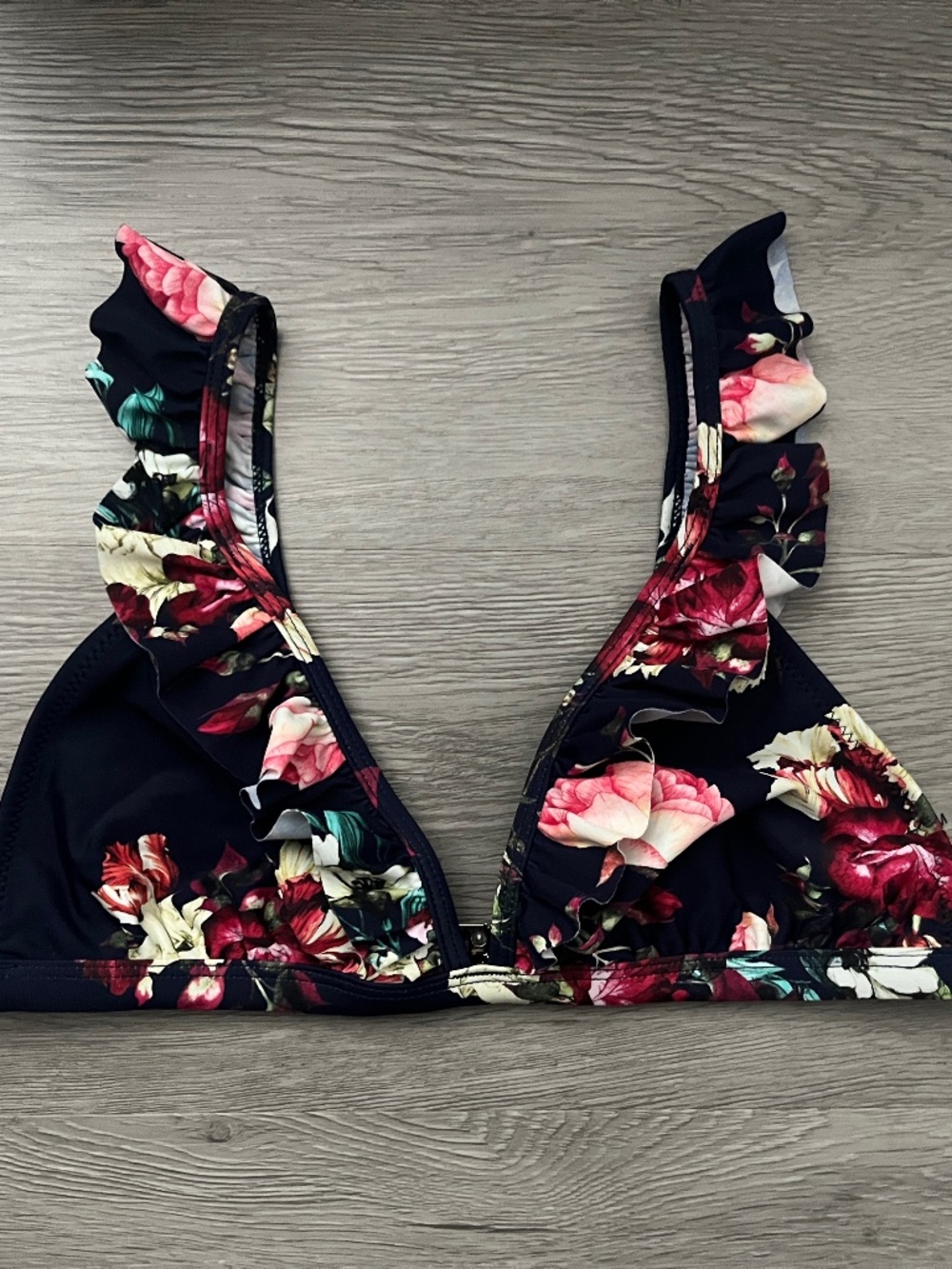 Cupshe Women's Ruffled OTS Floral Print Bikini Top, Navy Blue Size M - Picture 3 of 14